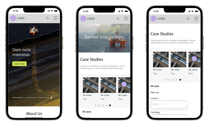 iPhone frames presenting the redesign of Interwell's case study landing page