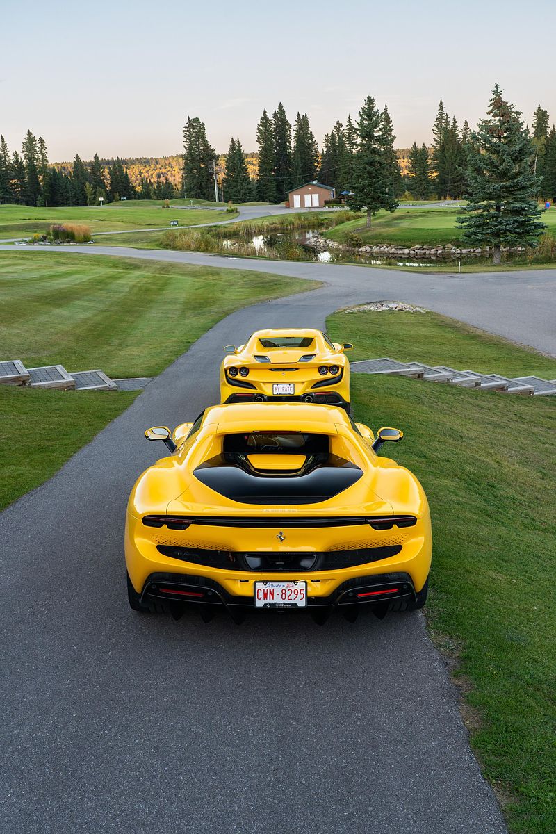 Twin Yellows Among the Larches – Ferrari F8 & 296 in Bragg Creek