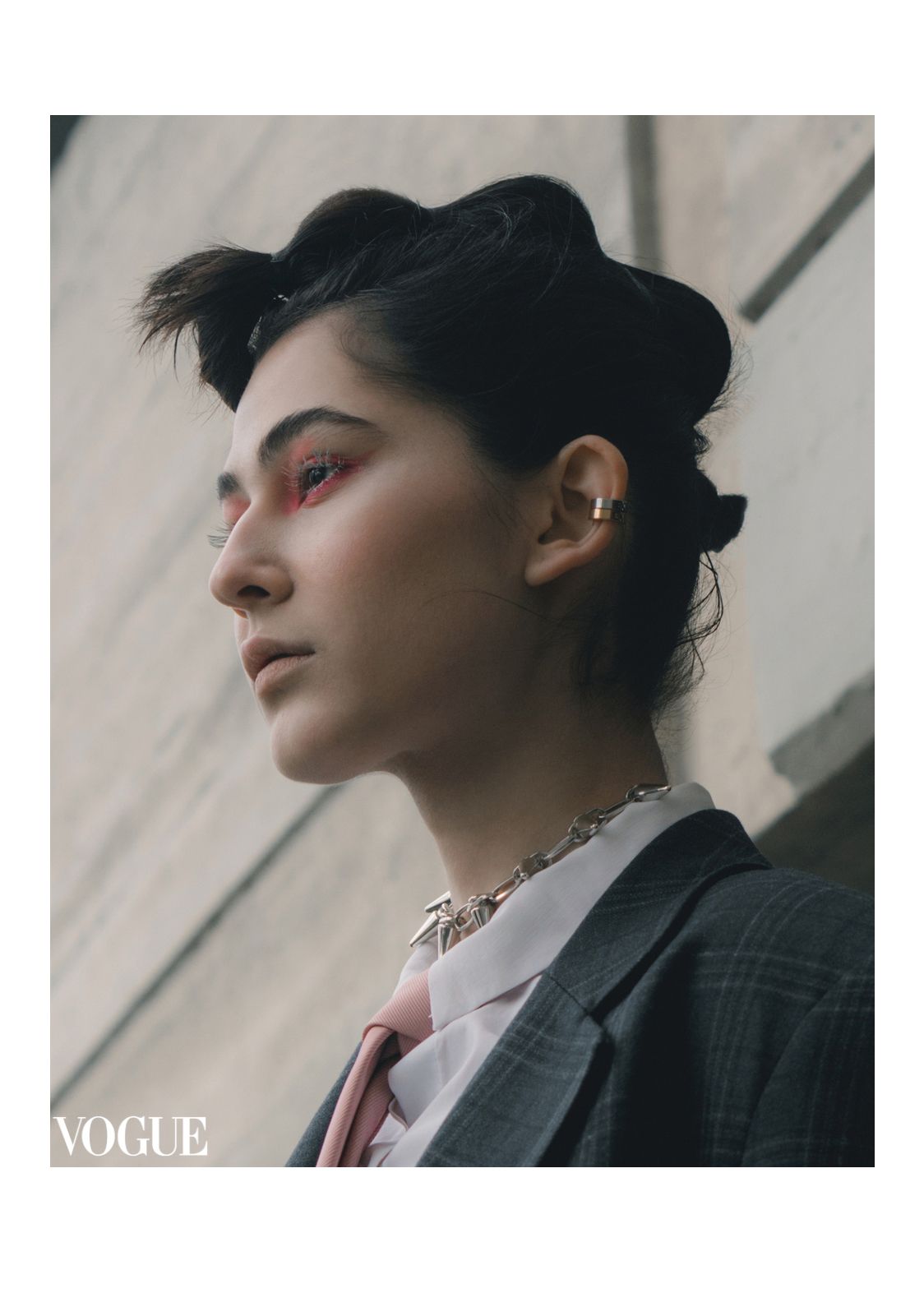 Beauty portrait of a model wearing a Korean inspired street style outfit. Photographed by Filianna Karamanli.