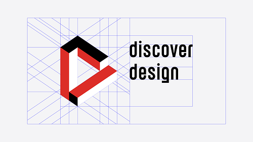 The primary horizontal Discover Design logo, featuring a geometric icon symbolising a &lsquo;d&rsquo; and a bold, curved sans serif wordmark, shown with its underlying construction grid and guidelines visible.