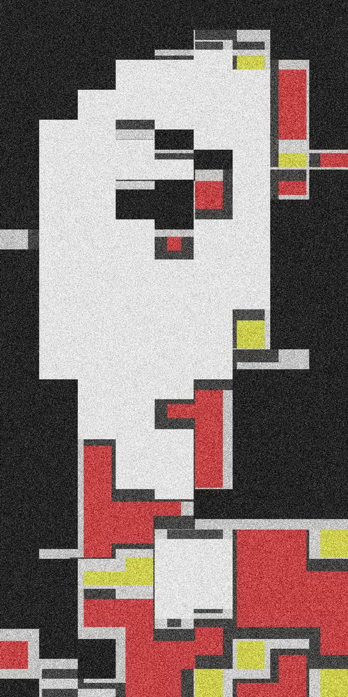 A bold abstract piece featuring geometric shapes in a grid-like pattern. Red, black, and yellow dominate the composition, creating a stark contrast.