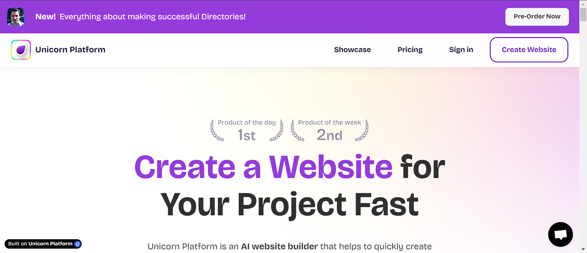 Page d'accueil de la plateforme Unicorn