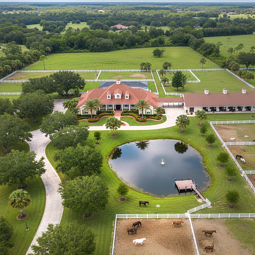 High-altitude aerial drone photography of a luxury equestrian estate featuring a main manor, large pond with a dock, and professional horse stables, captured by PrimePropertyPhoto in Gainesville, FL.