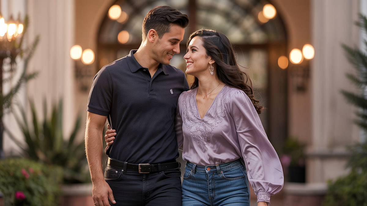 Engaged couple sharing a candid moment during golden hour in Oklahoma.