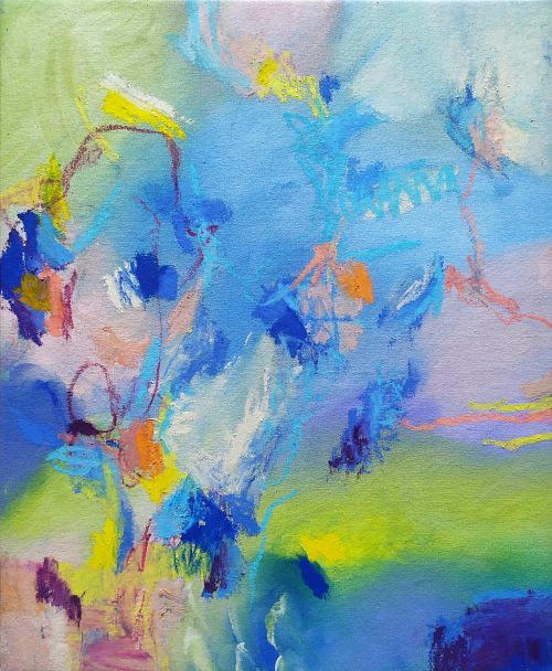 einture abstraite, toile abstraite contemporaine, moyen format, 38x46 cm, vert, rose, art abstrait contemporain, expressionnisme abstrait, abstraction lyrique, acrylique, oil sticks, techniques mixtes sur toile, collection R&ecirc;ves de Douceur, tableau original, tableau vendu