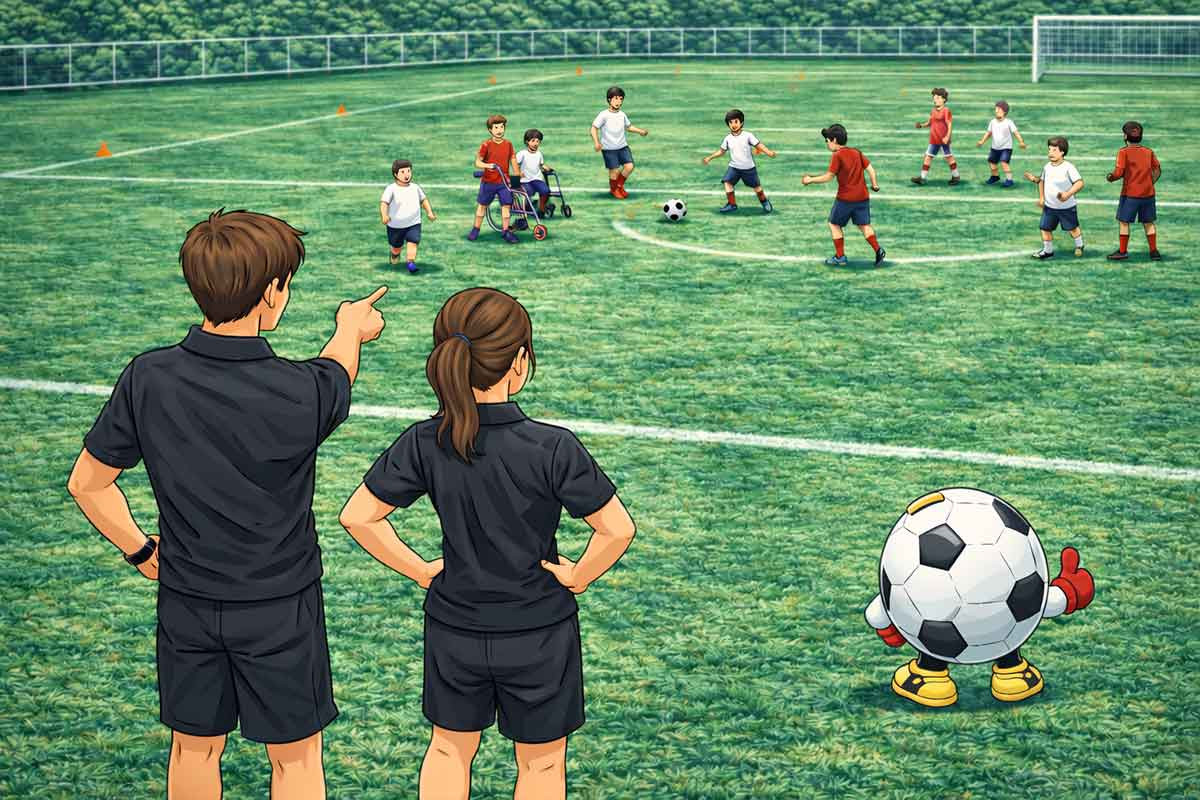 Zwei Trainer stehen am Spielfeldrand, beobachten das Spiel und geben klare Anweisungen, während eine inklusive Gruppe mit unterschiedlichen Voraussetzungen gemeinsam spielt.