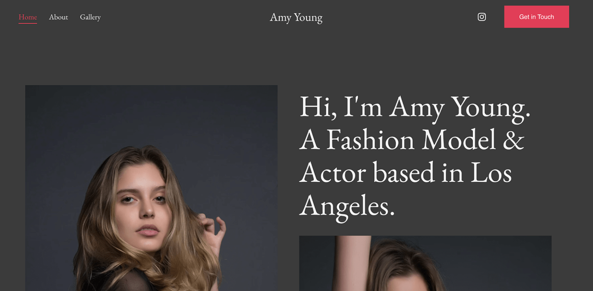 Modelo de site de portfólio de modelagem Elan por Pixpa