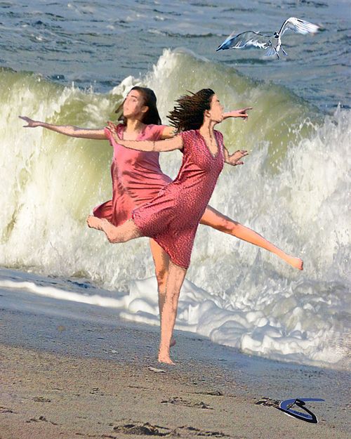 Ballet dance practicing in the sand. A wave background & seagukk follows