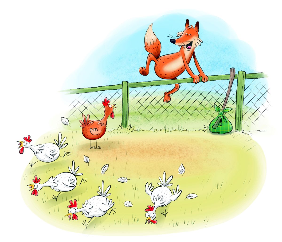 kinderboek illustratie van een vos die een kip ontmoet op het erf. Alle witte kippen rennen met schrik weg.