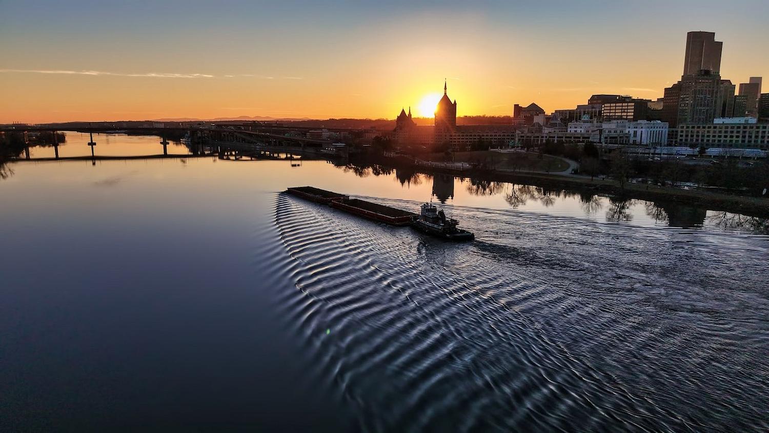 Drone Photo of Tug Boat on the Hudson River at Sunset