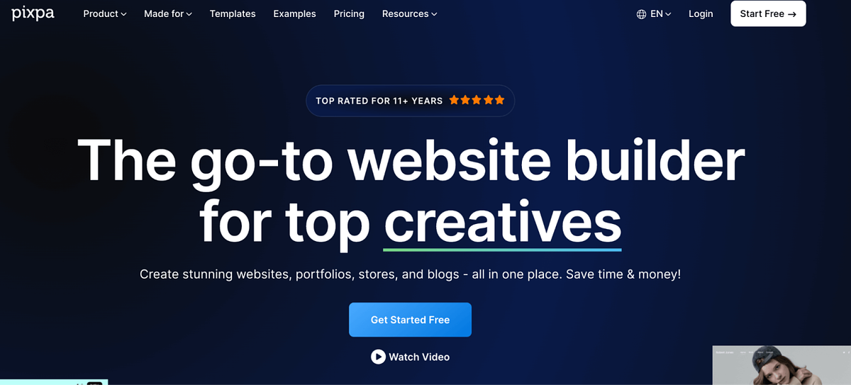 Screenshot of Pixpa's homepage