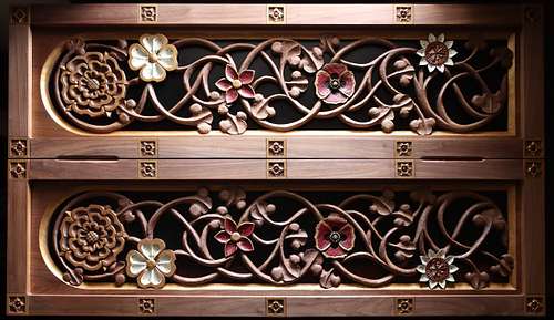 hand-carved wood panels full of vines and flowers with accent paints by Wes and Kelly Baker for a custom Sacred Heart Shrine