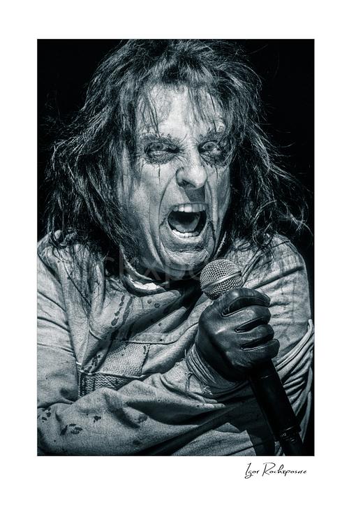Vertical black and white image of Alice Cooper performing live on stage with intense horror makeup, wild hair, and a microphone held in a black glove