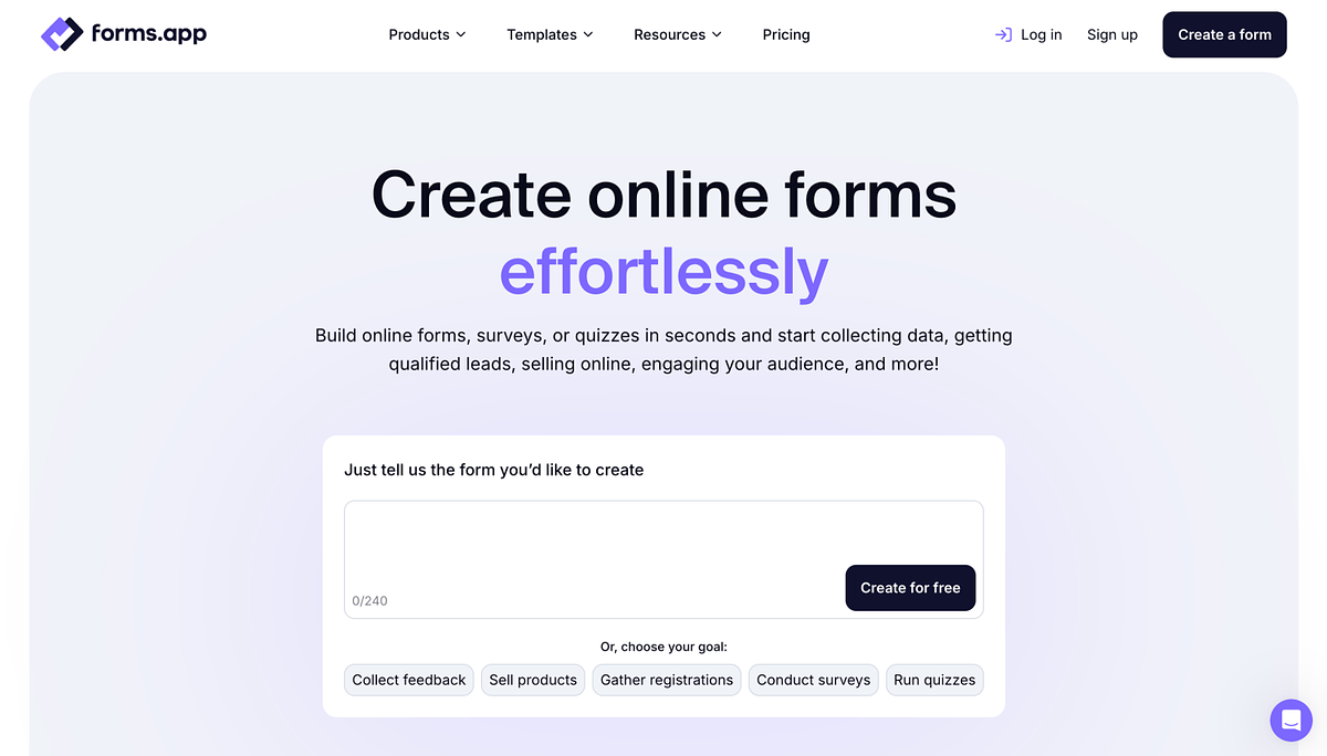 скриншот домашней страницы forms.app