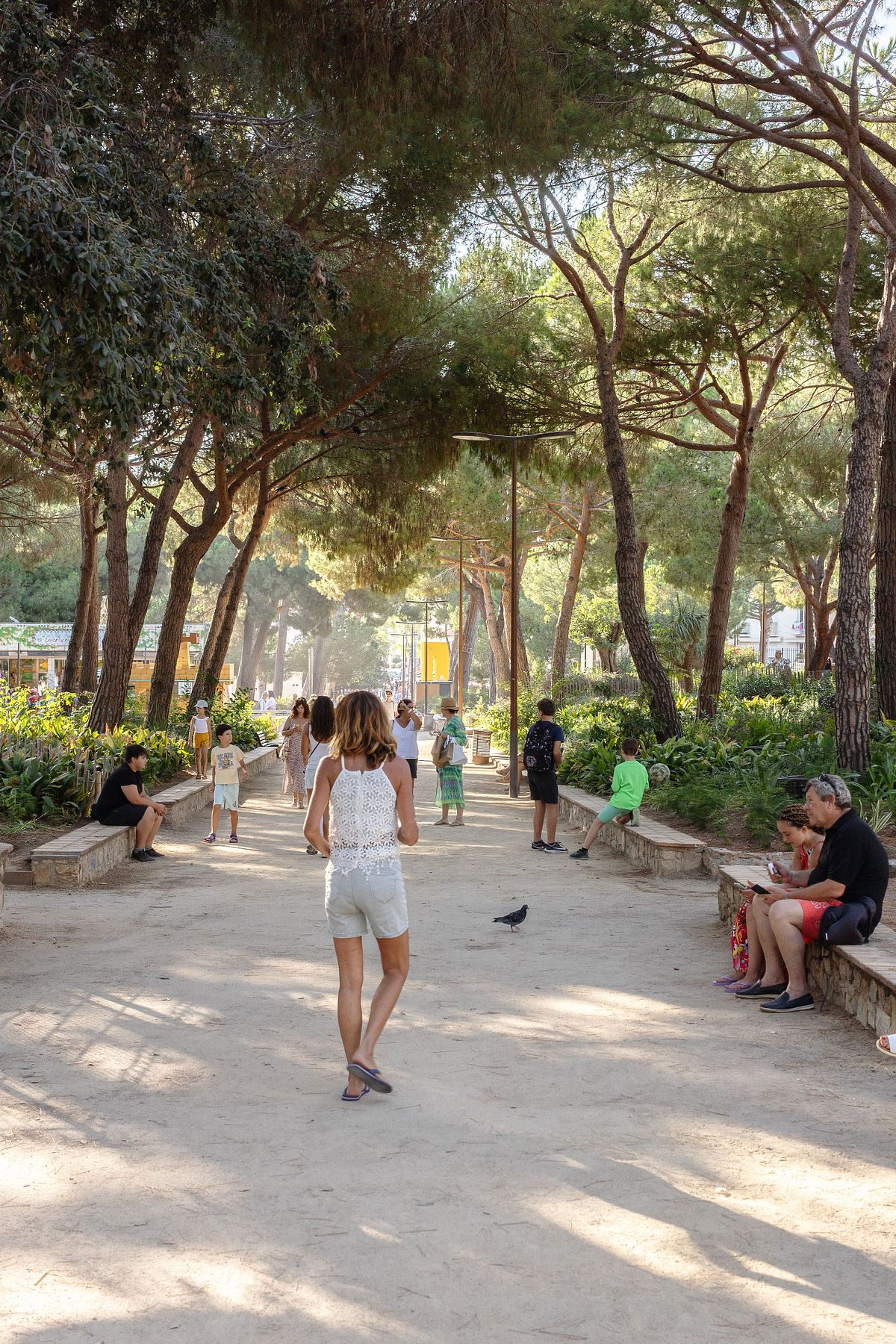 M&auml;nniskor promenerar och sitter i gr&ouml;n parkall&eacute; i varmt eftermiddagsljus