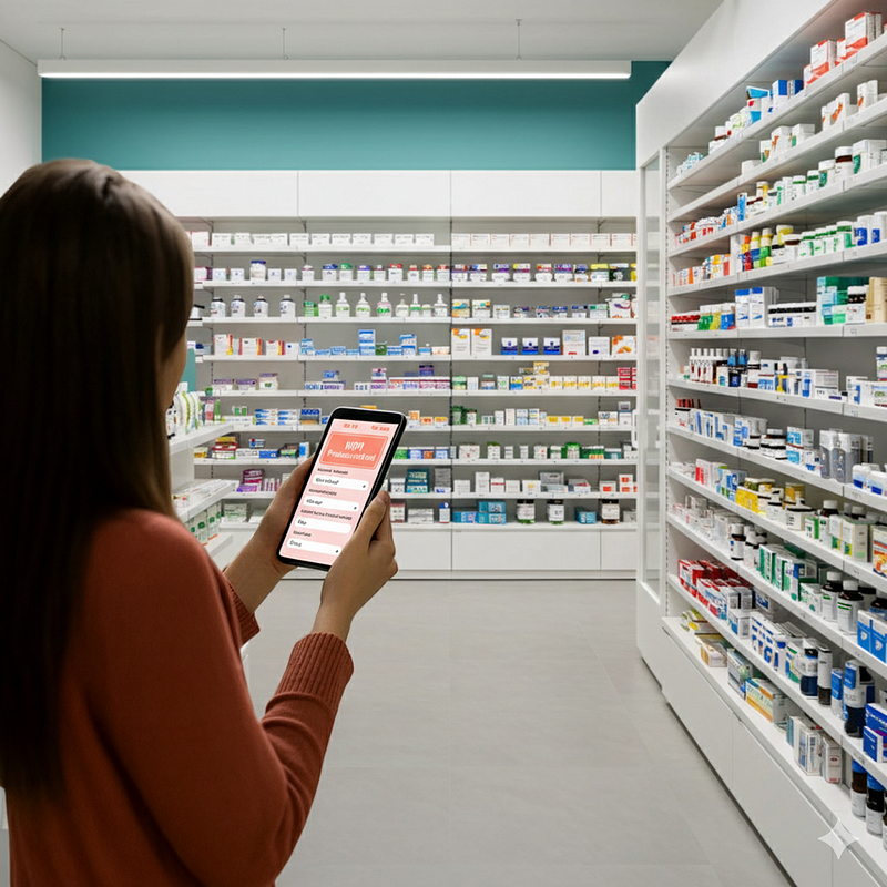 Woman using smartphone or looking at medication prices in a pharmacy