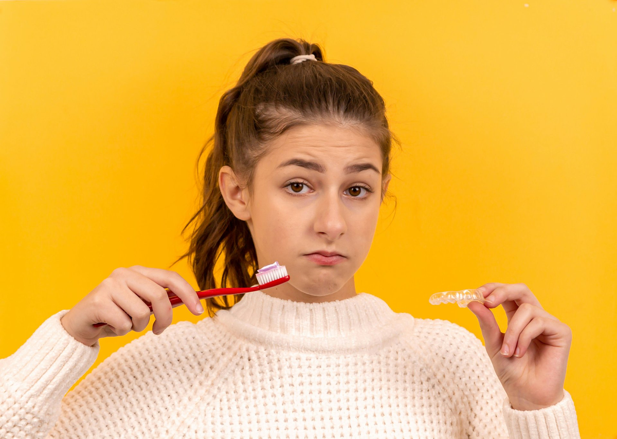 Una niña con brackets transparentes y cepillo de dientes