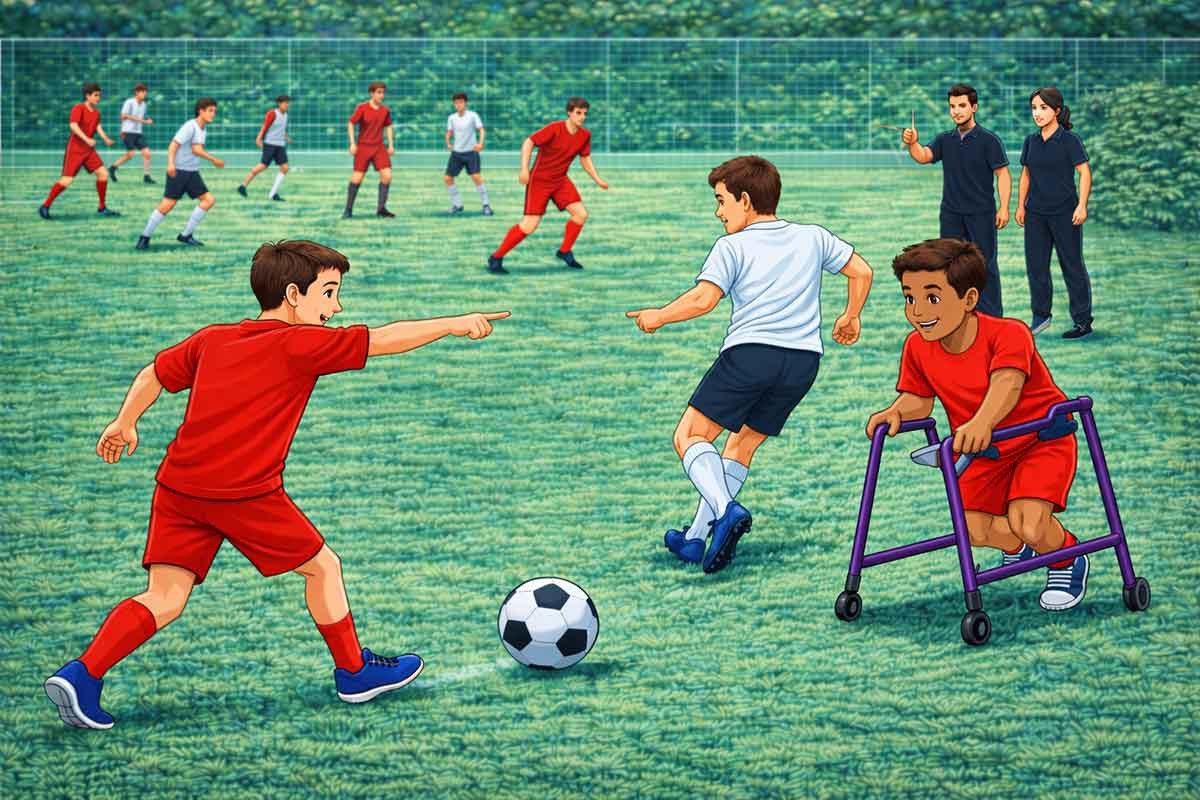 Ein Spieler zeigt und erklärt eine Spielsituation, während ein Mitspieler mit Gehhilfe aktiv eingebunden wird und am Spiel teilnimmt, Trainer beobachten im Hintergrund.