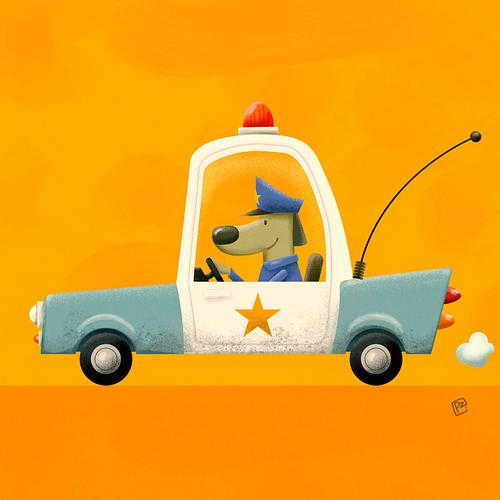 Kinderboek illustratie in retrostijl van politieauto met hond achter hetbstuur