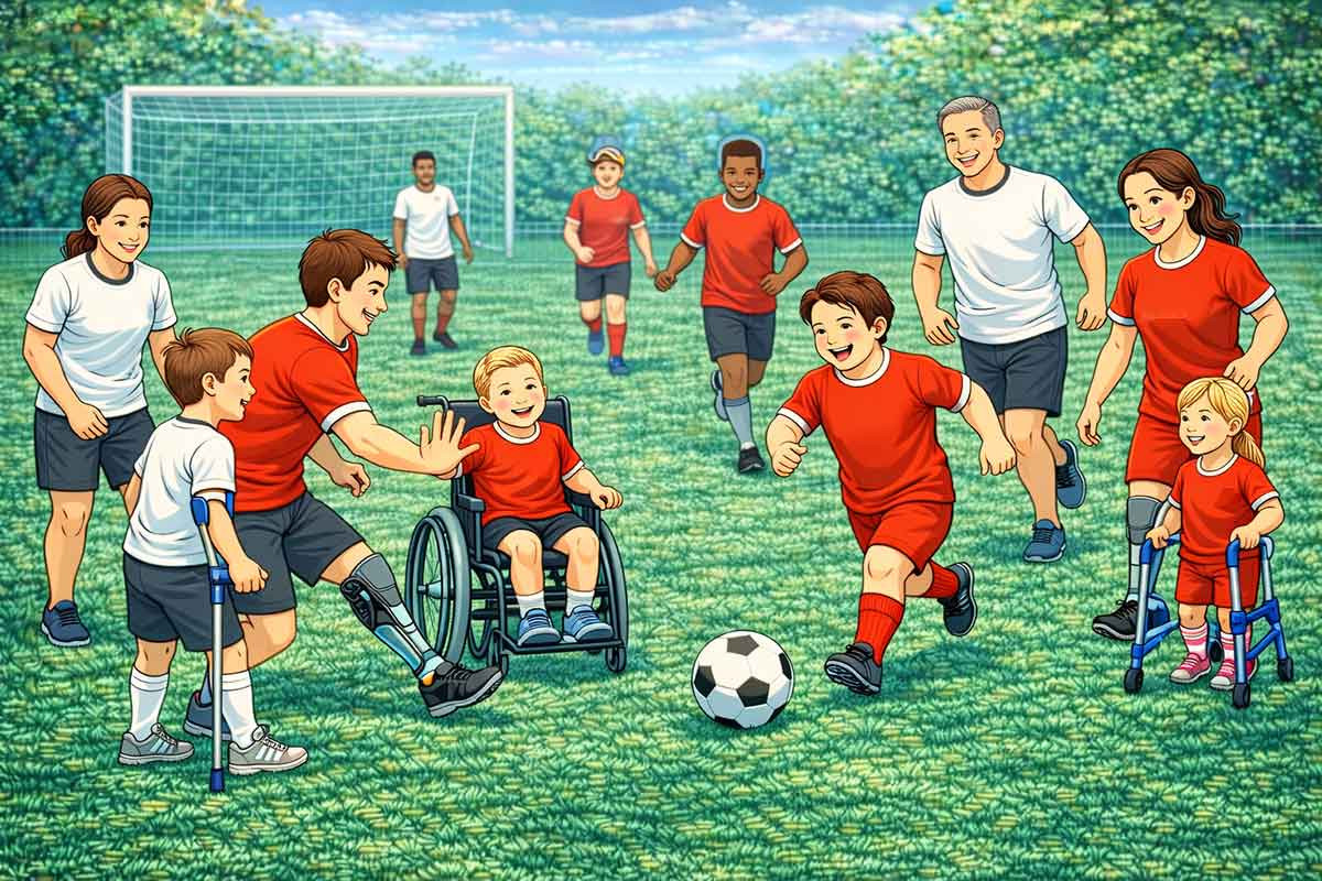 Menschen unterschiedlichen Alters und Geschlechts spielen gemeinsam Fußball: Kinder und Erwachsene, mit und ohne Handicap, mit Rollstuhl, Rollator, Prothese oder Kopfschutz – alle sind aktiv beteiligt und erleben das Spiel gemeinsam.