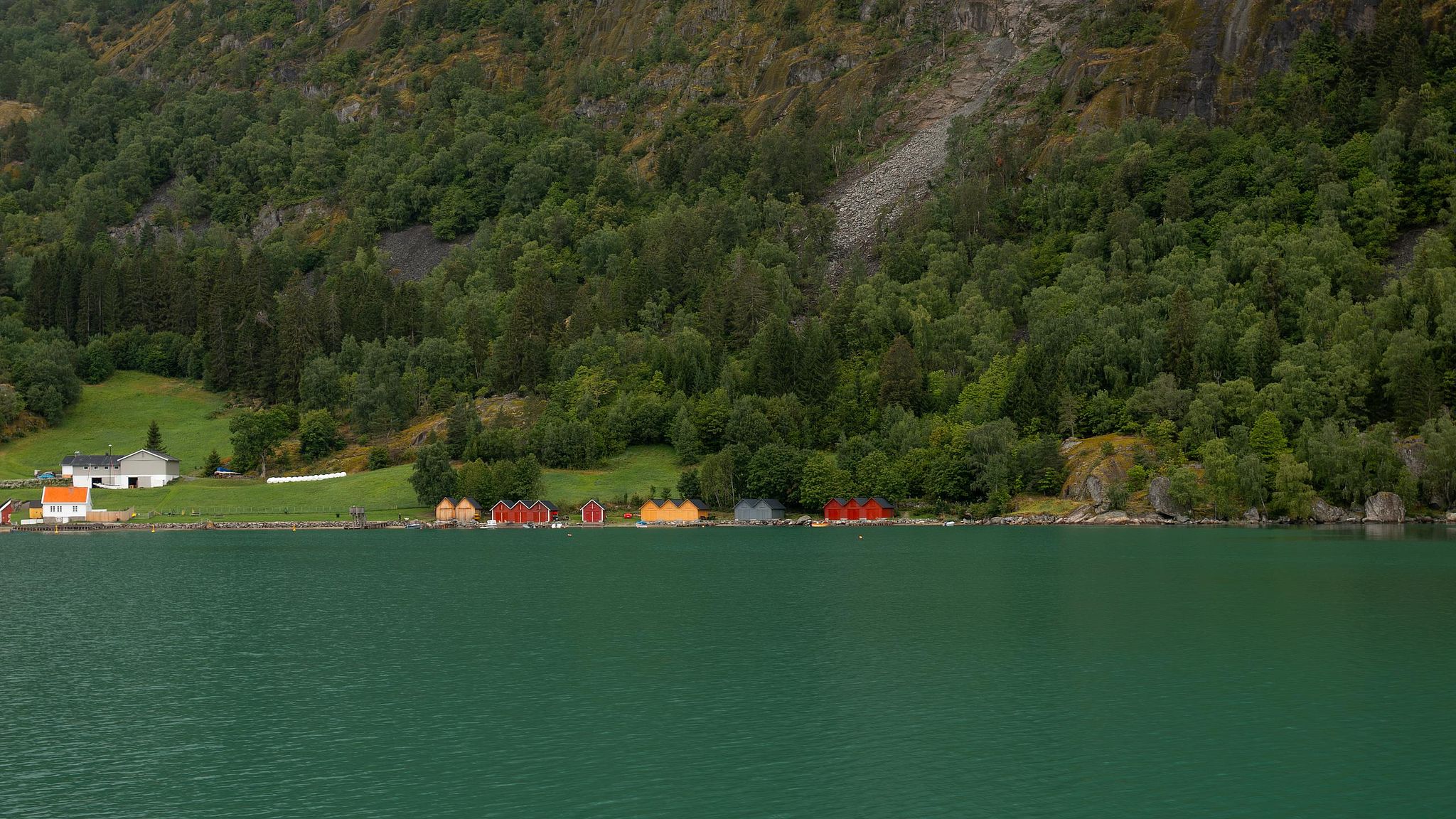 Hangars à bateaux colorés au bord d’un fjord en Norvège, entourés de forêts et de montagnes en été.