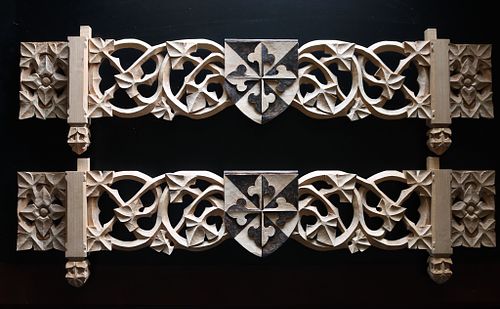 both sets of shelf carvings laid out before stain