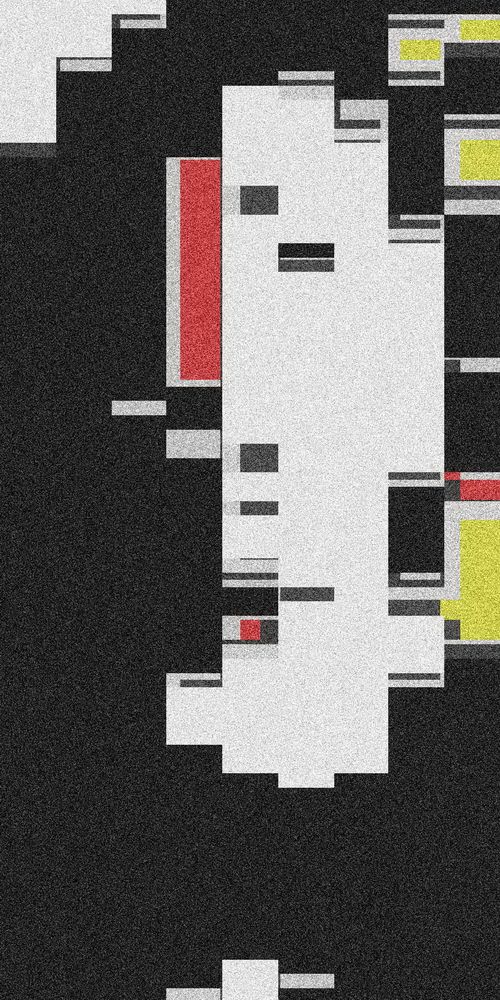 An abstract design featuring a mix of rectangles in black, white, red, and yellow. The blocks are arranged in a striking vertical alignment.