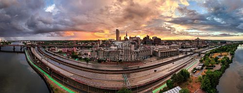 Aerial View of Downtown Albany, NY at Sunset