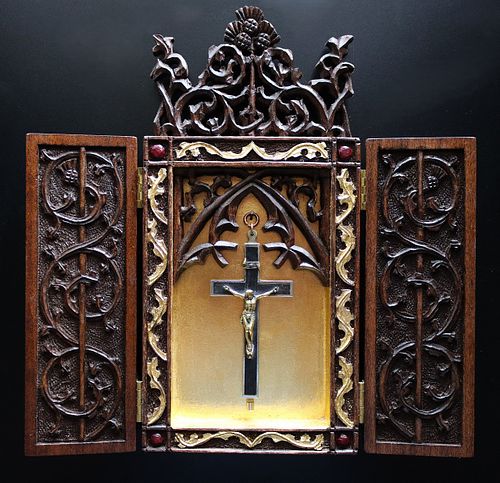 carved wood and gold leaf shrine for a crucifix full of relics for a Catholic home by Wes Baker