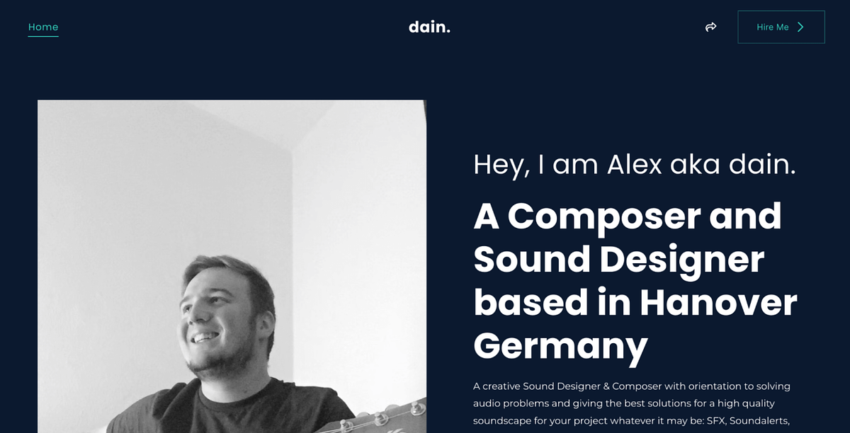 Image of Dain's music portfolio website