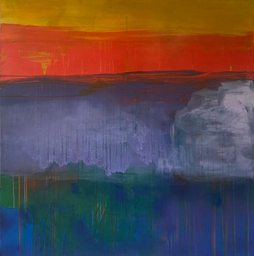 S&eacute;dimentations II, peinture abstraite carr&eacute;e, color&eacute;e, inspir&eacute;e de Pat Steir, Frank Bowling et Sean Scully, acrylique a&eacute;rosol et ammoniaque sur toile