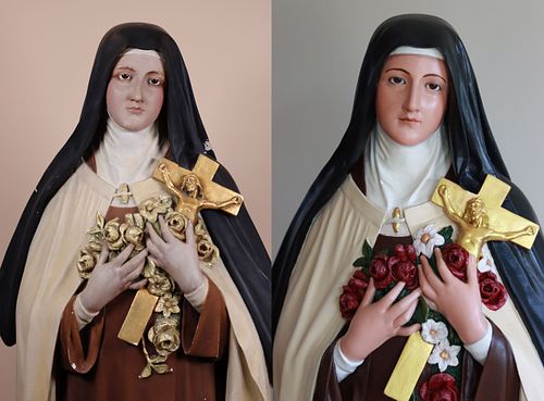 Before and After picture of St Therese statue