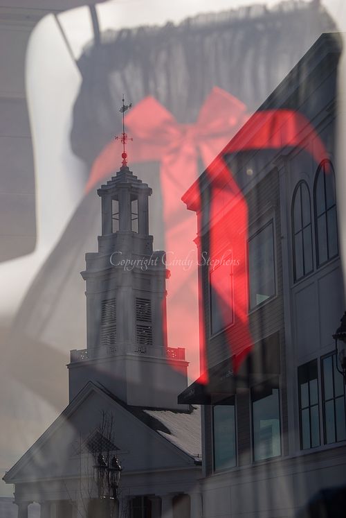 black negligee red bow New England church snow