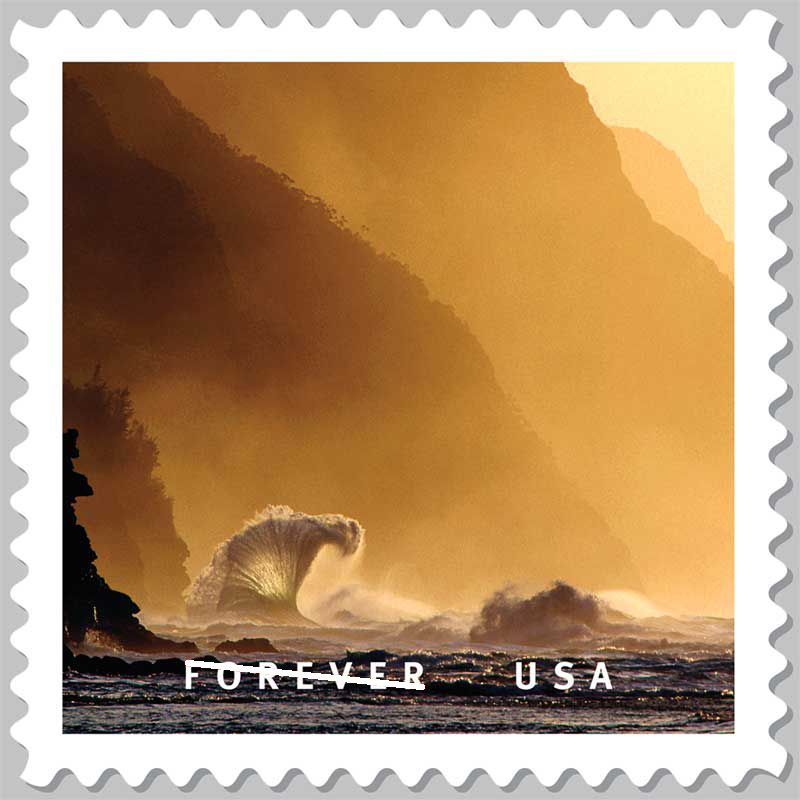 USPS Stamp. Waves dance for the Hula Goddess Laka below the Heiau (temple/school) dedicated to her at Ke?e Beach on Kaua?i.