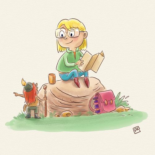 Aquarel illustratie van meisje zit op een rots en dwerg wijst de weg