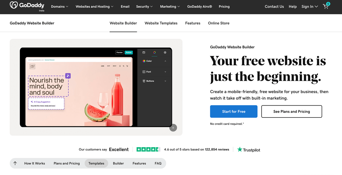 Schermafbeelding van de startpagina van de websitebouwer van GoDaddy