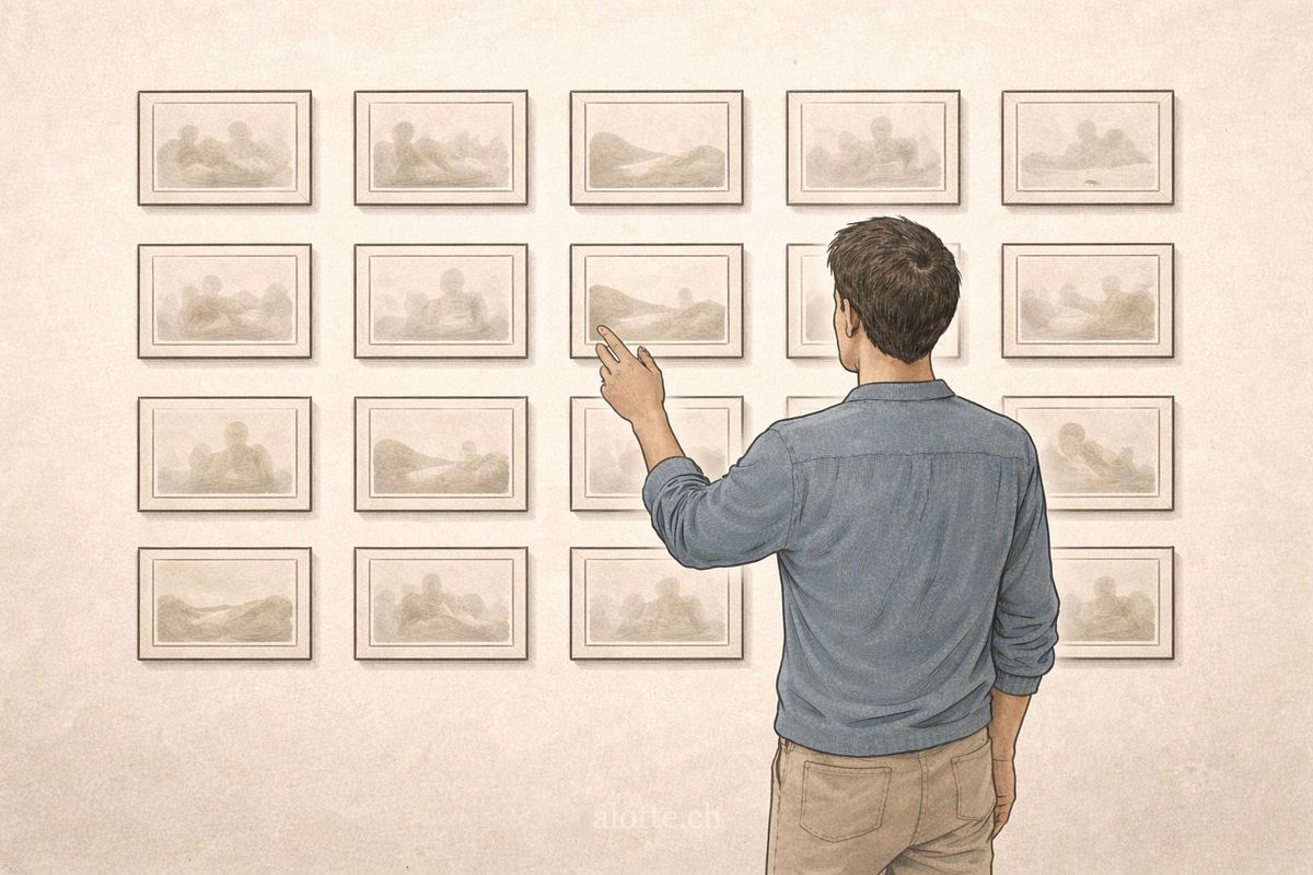Illustration of a creative director choosing a GanAI generated image from a gallery wall