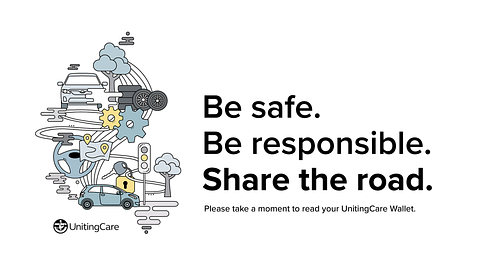 Call-to-action poster featuring the illustration from the booklet front cover and the message &lsquo;Be safe. Be responsible. Share the road. Please take a moment to read your UnitingCare Wallet.&rsquo;