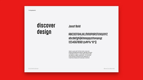 Brand guidelines document page showing the brand typography, Joost Bold, a bold, curved geometric sans serif font.