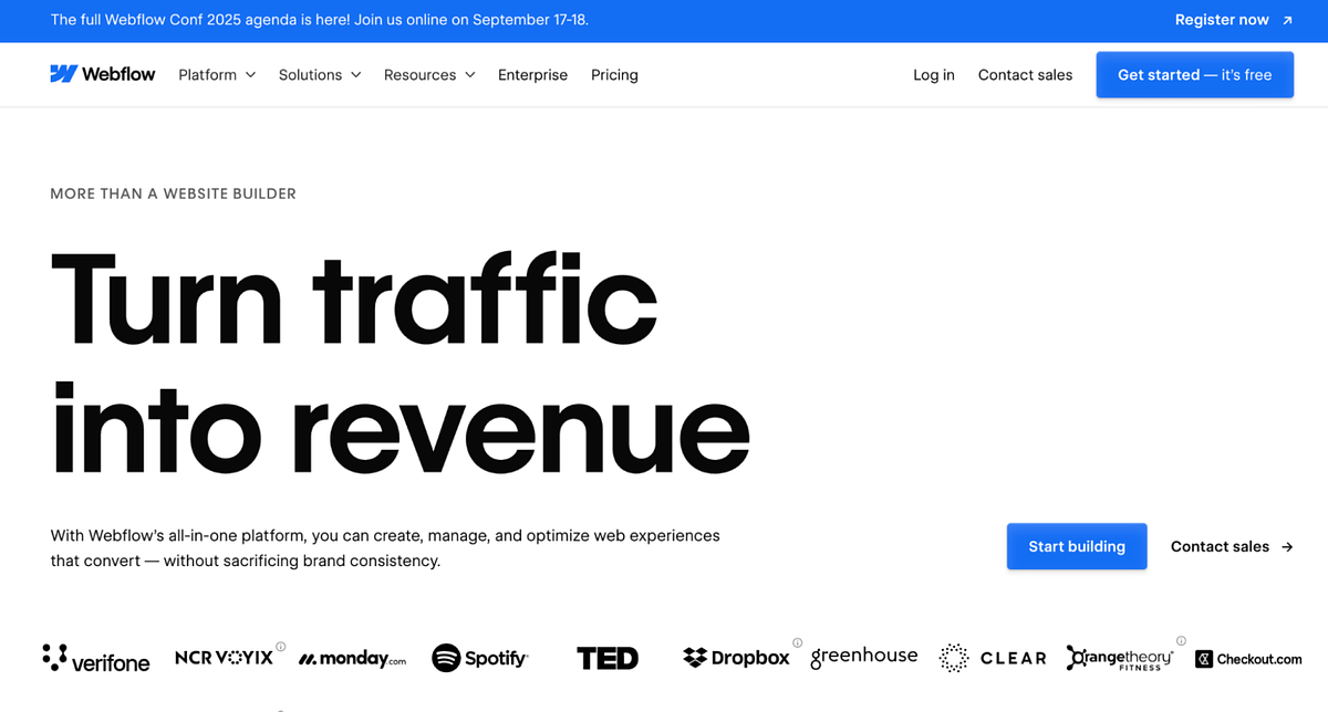 Schermafbeelding van de startpagina van Webflow