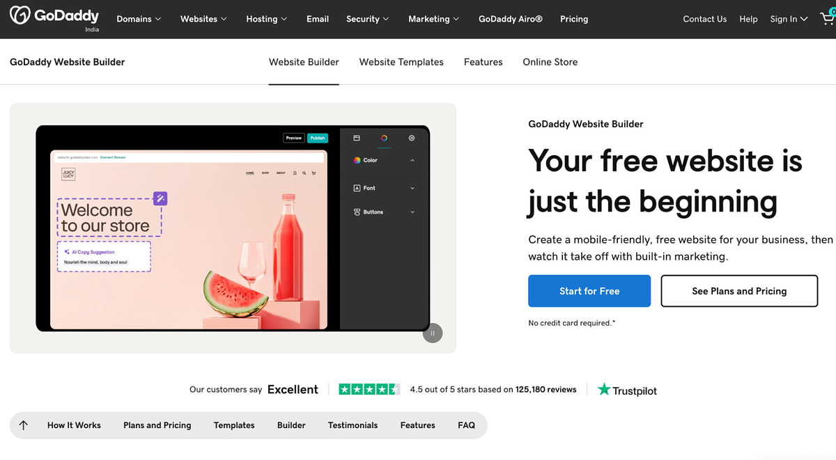 Página inicial do construtor de sites GoDaddy