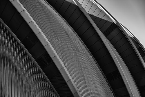 Black & White, Cityscapes, architecture, armadillo, Scottish event campus, Glasgow, Scotland, United Kingdom, UK, black & white
