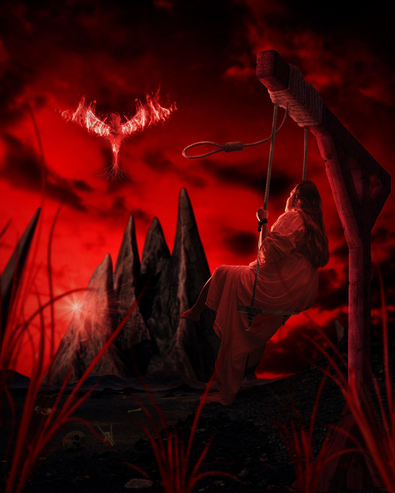 A red scene of a woman swinging on a swing that hangs from a gallows pole looking out a desolate landscape where a phoenix rises.