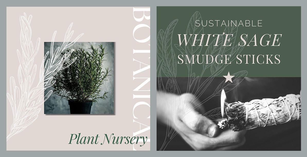 rosemary plant advertising a plant nursery and a woman lighting a white sage smudge stick