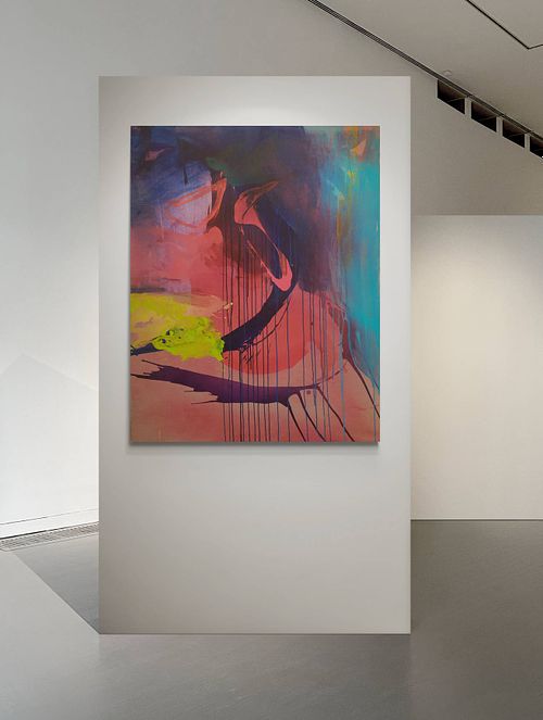 peinture abstraite grand format, peinture abstraite rouge intense, 114x146 cm, champ de couleur, abstraction lyrique, expressionnisme abstrait, color field painting, peinture abstraite musicale, vibration chromatique, rouge, bleu turquoise, jaune, violet, acrylique et encre sur toile, art abstrait contemporain, collection Espaces de Couleur, tableau abstrait lyrique pour grand salon, tableau original