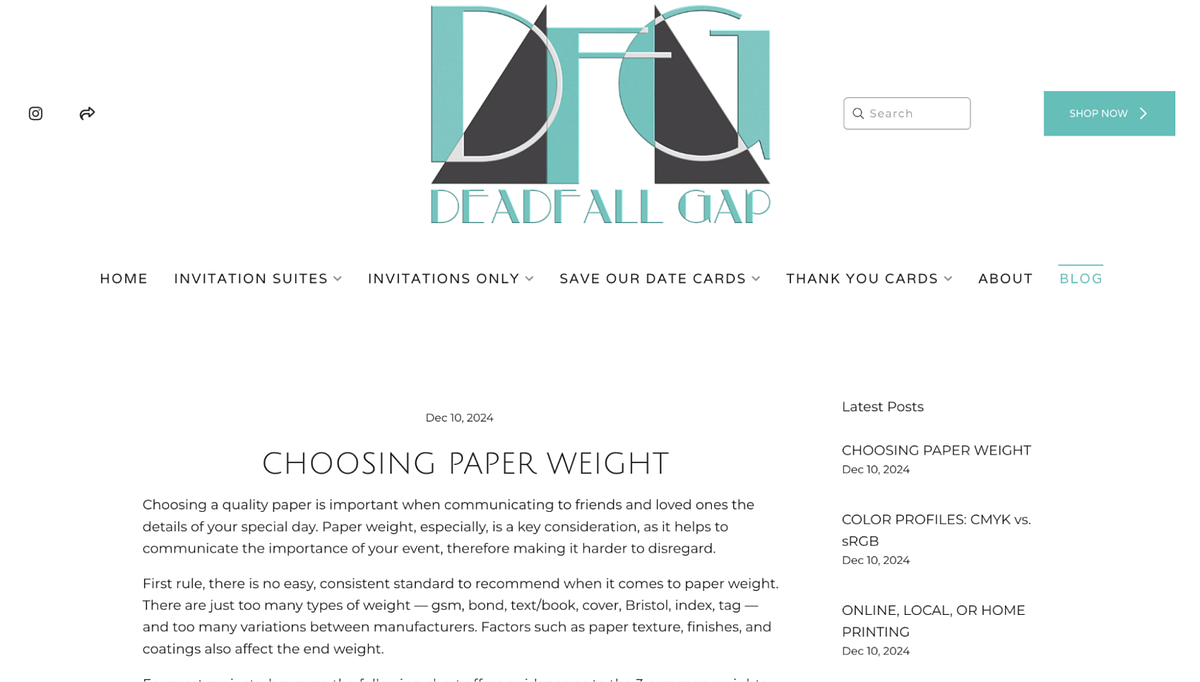Screenshot of Deadfall Gap blog page