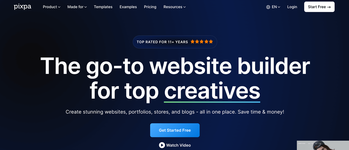 Screenshot of Pixpa's homepage