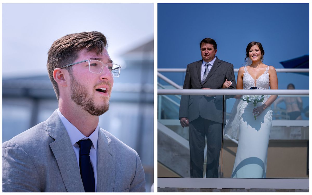 emotional groom watching his bride and her father walking down the stairs, the bride and her dad stopped for a moment to look over the ceremony site, the dad is very emotional and the bride is smiling