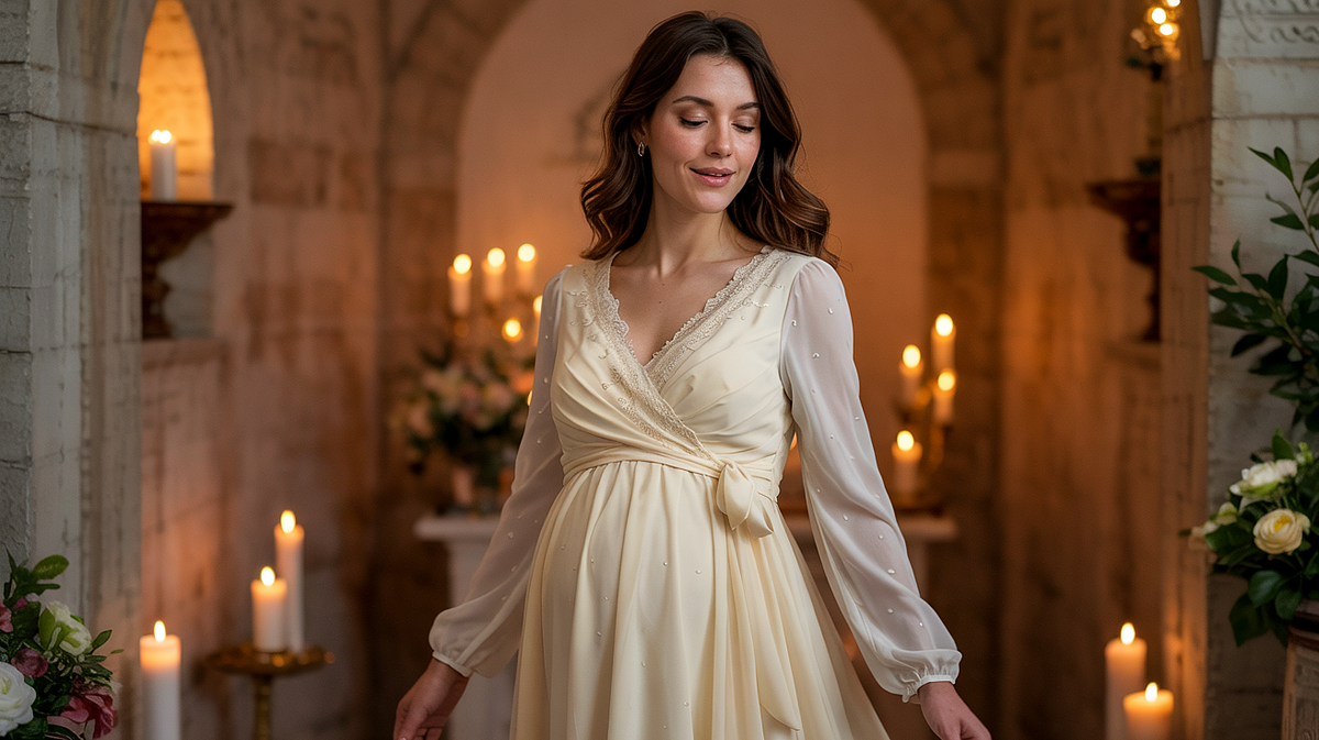 Pregnant woman posing in natural light with a flowing maternity gown.