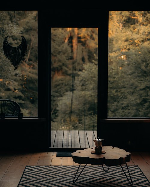Cozy cabin bedroom with forest view and natural light